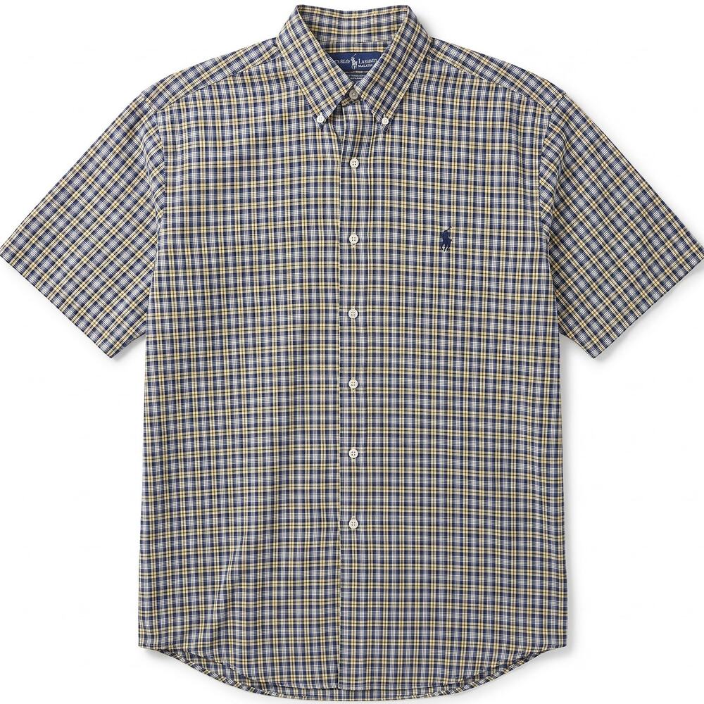 Polo Ralph Lauren Mens Blake Yellow & Blue Short Sleeve Button Up Large Vintage
